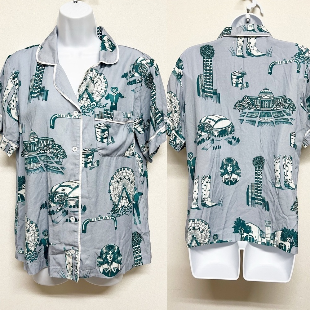 Katie Kime Womens Green Blue Dallas Themed Toile Short Sleeve PJ Top Size S